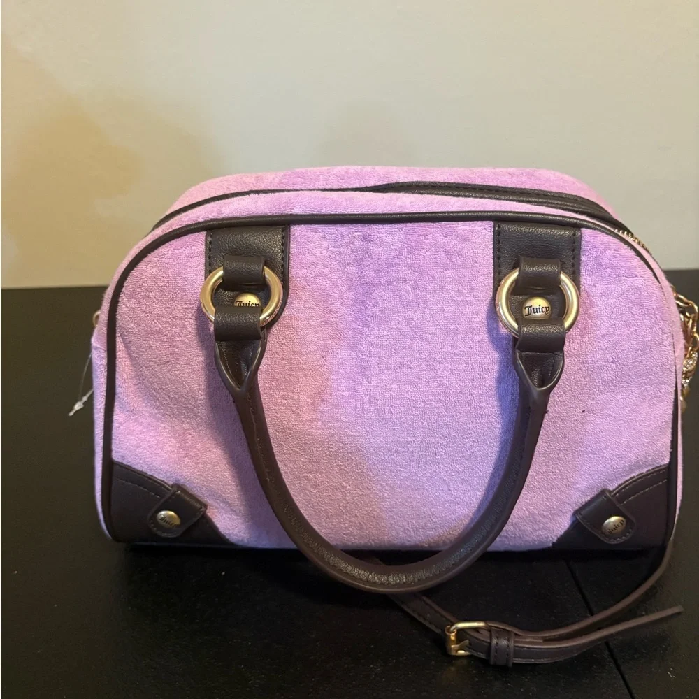 NWT Juicy Couture Velour Bowler Bag Purple & Brown Rhinestone Crown - Picture 2 of 5